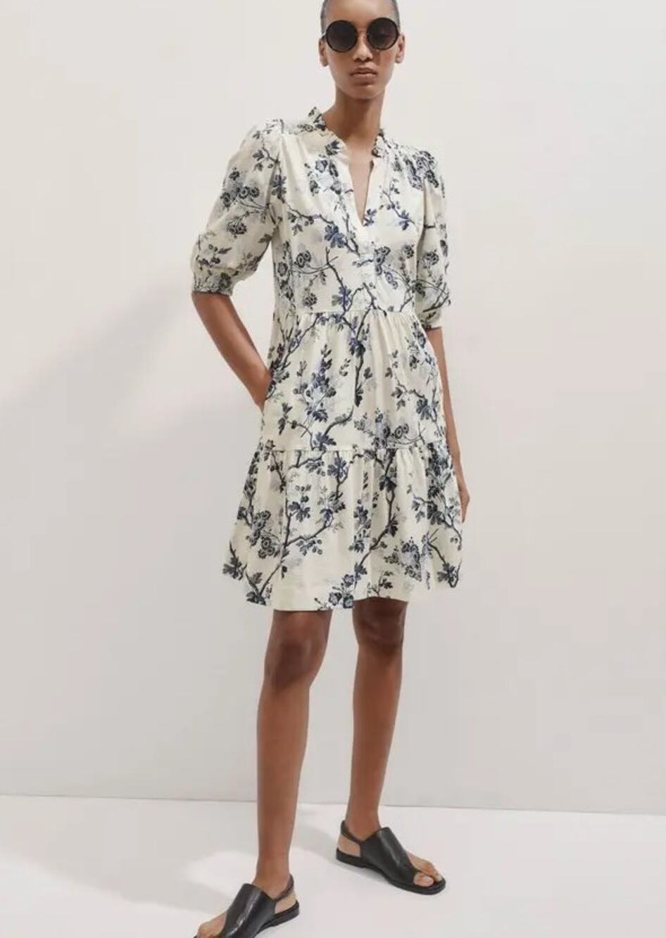 ME+EM Botanical Print Tiered Short Dress Light Cream/Bright Navy Size 10